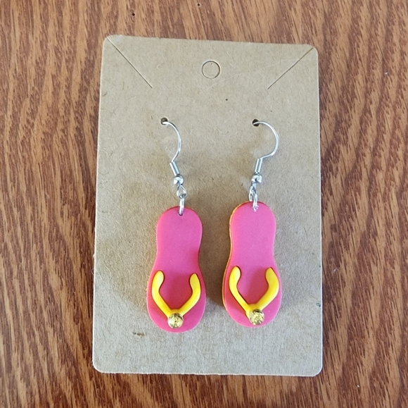 Pink and Yellow Flip-Flop Stainless Steel Fishhook Earrings - Picture 1 of 5